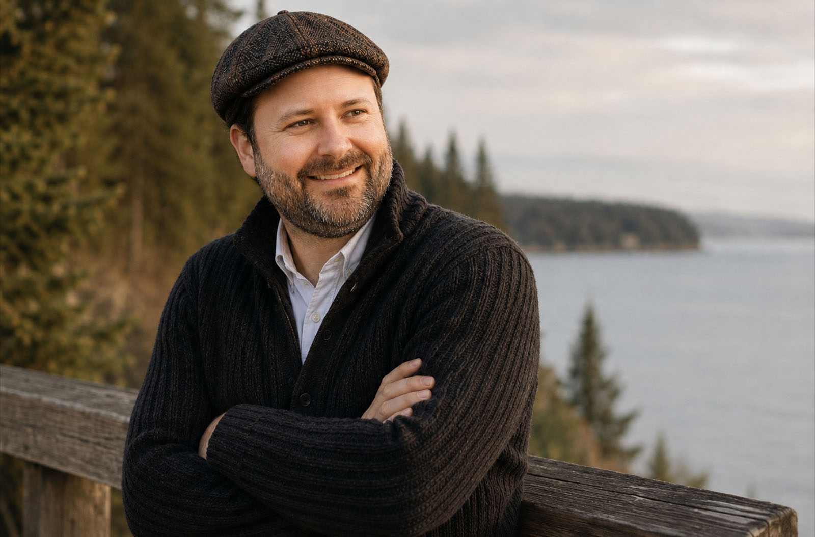 Author portrait of Eliyahu outdoors near a wooded shoreline